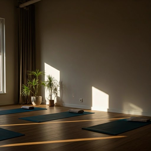 Serene yoga studio interior with soft natural sunlight