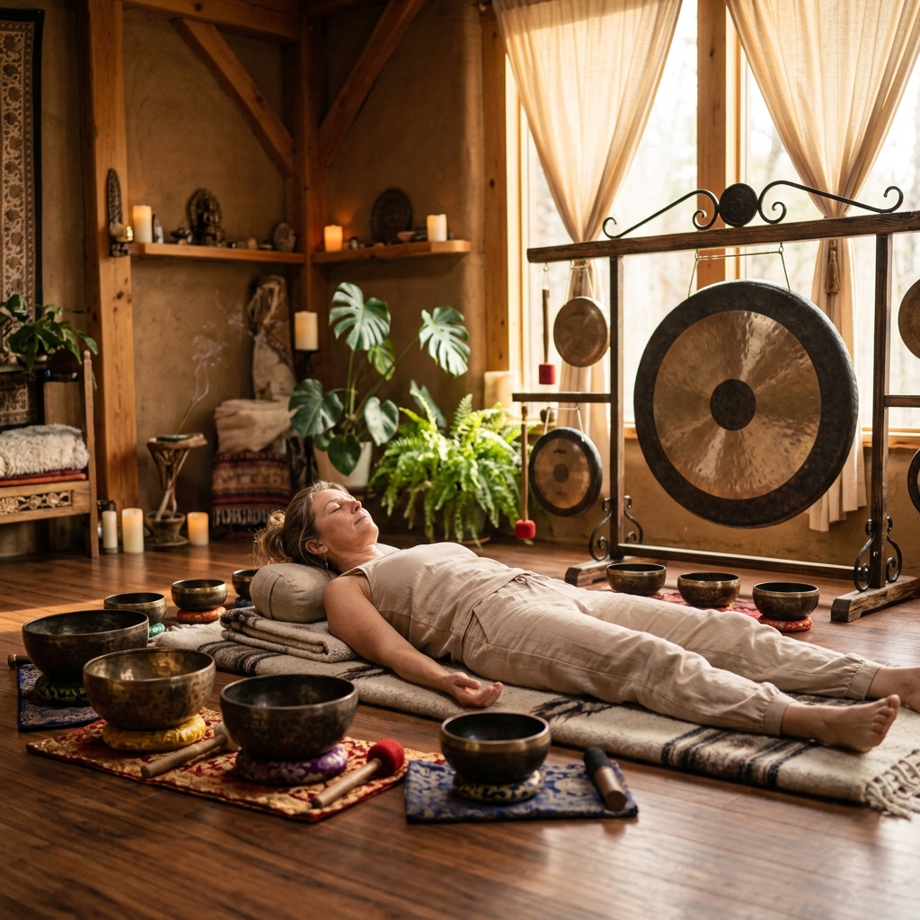 Serene sound bath session with singing bowls